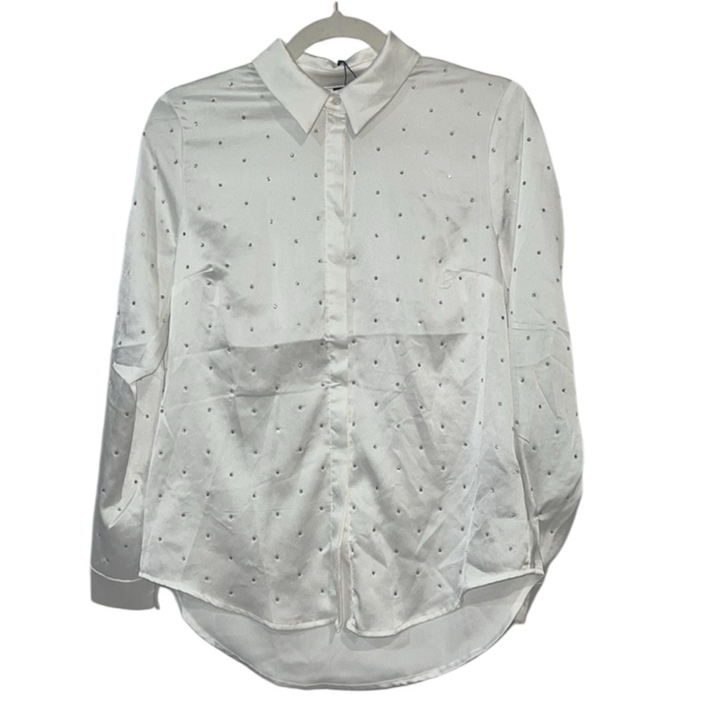 White Satin button front Rhinestone Women’s Blouse size Small